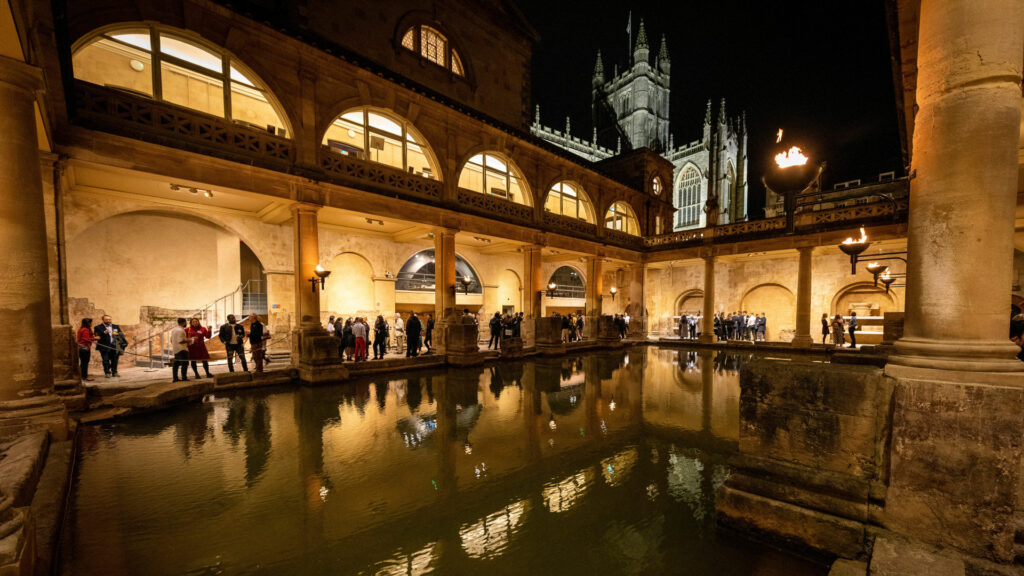 View of the Roman Baths, with Bath Abbey in the background.
