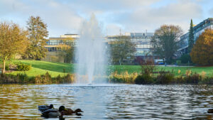 View of the University of Bath campus over the lake, with ducks in the foreground. Image copyright University of Bath.