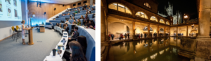 Two images showing an example conference (left), and the Roman Baths at night (right).